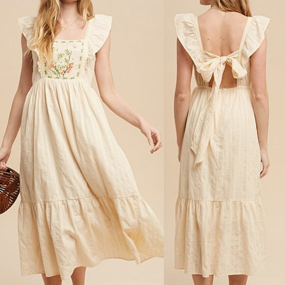 NEW Cream Apron Ruffle Square Neck Floral Embroidered Tie Back Cotton Midi Dress - Picture 11 of 12